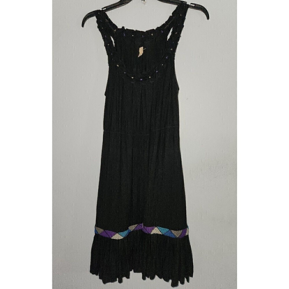 FREE PEOPLE Black Ruffle Hem Aztec Tribal Embroidered Slip Dress M Stretch